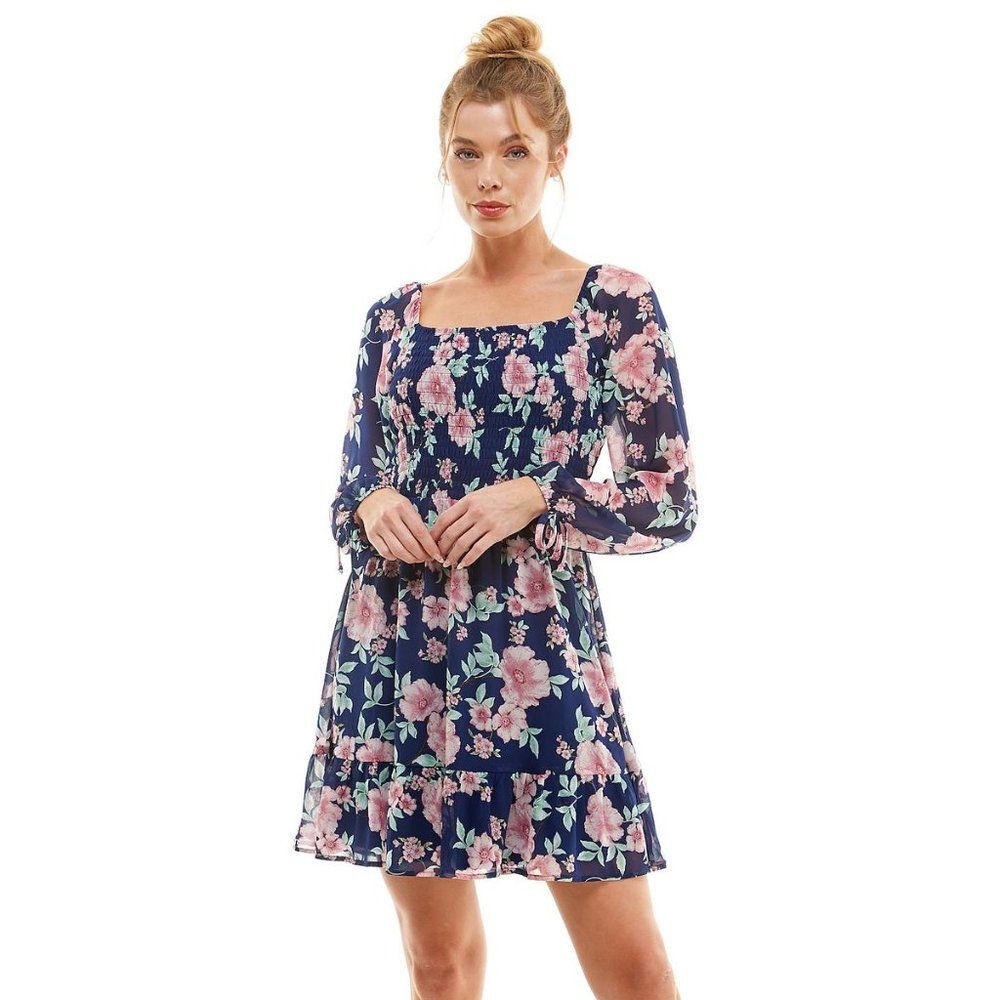 Lily Rose Skater Mini Dress SquareNeck Floral Blue Smocked Bodice Babydoll